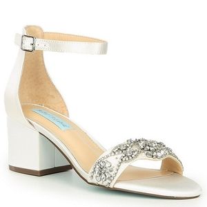 Betsey Johnson White Mel Jeweled Satin Block Heels
